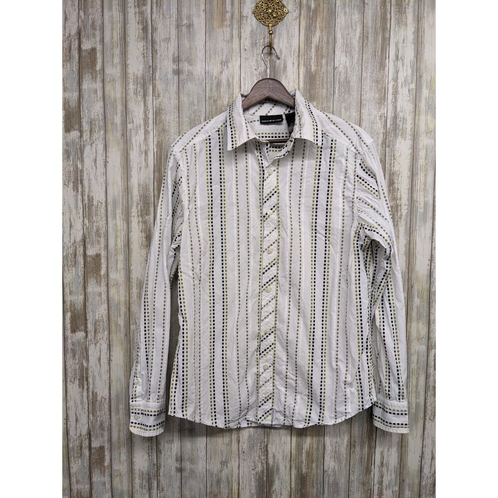 DKNY Jeans Women’s Medium 100% Cotton Button Up Shirt Embroidered Dot Striped